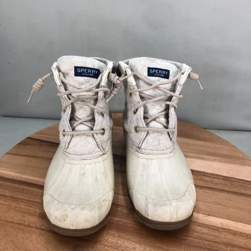 Sperry Saltwater Quilted Wool Duck Boots Ivory White Womens 7M Rain Lace Up
